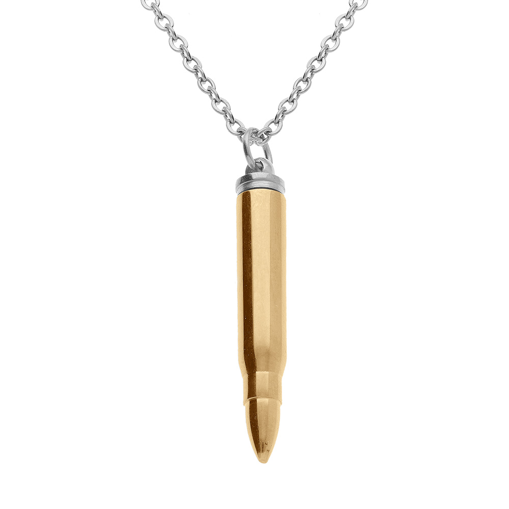 Collier en acier avec pendentif en acier doré jaune balle de fusil porte poudre (7 x 43mm),  55+5cm