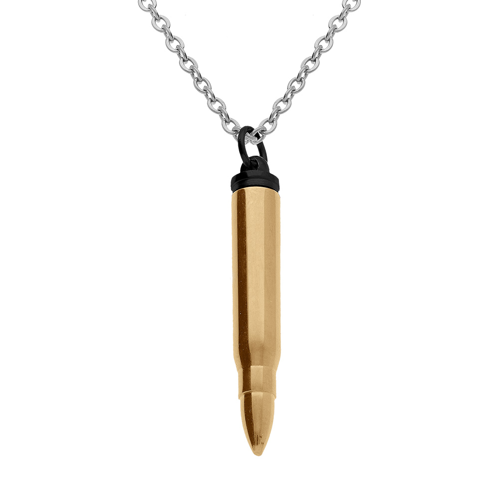 Collier en acier avec pendentif en acier doré jaune et PVD noir balle de fusil porte poudre (7 x 43mm),  55+5cm