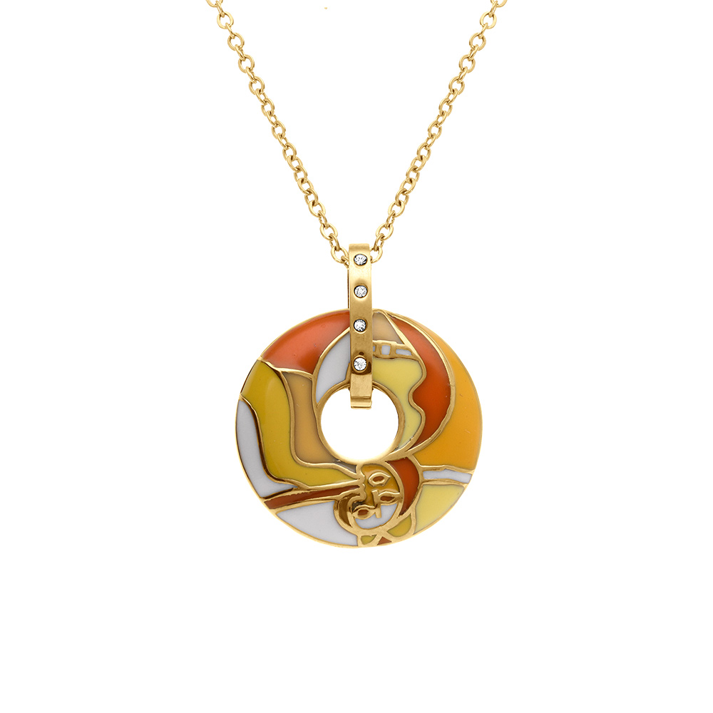 Collier Stella Mia en acier doré pendentif anneau résine orangé  - 45+10cm