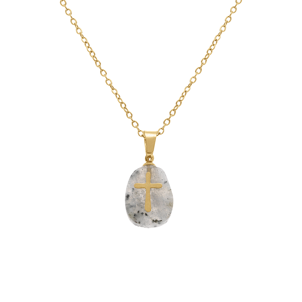 Collier en acier doré pendentif labradorite véritable avec croix - 40+6cm