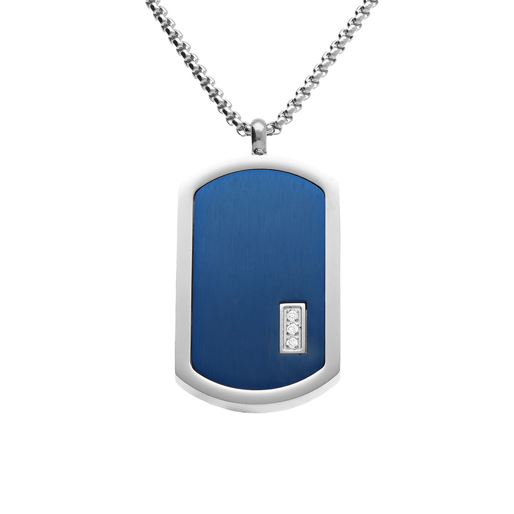 Collier acier pendentif rectangulaire PVD bleu 30 x 17mm pans arrondi avec 3 oxydes blancs réglable 50 à 55cm