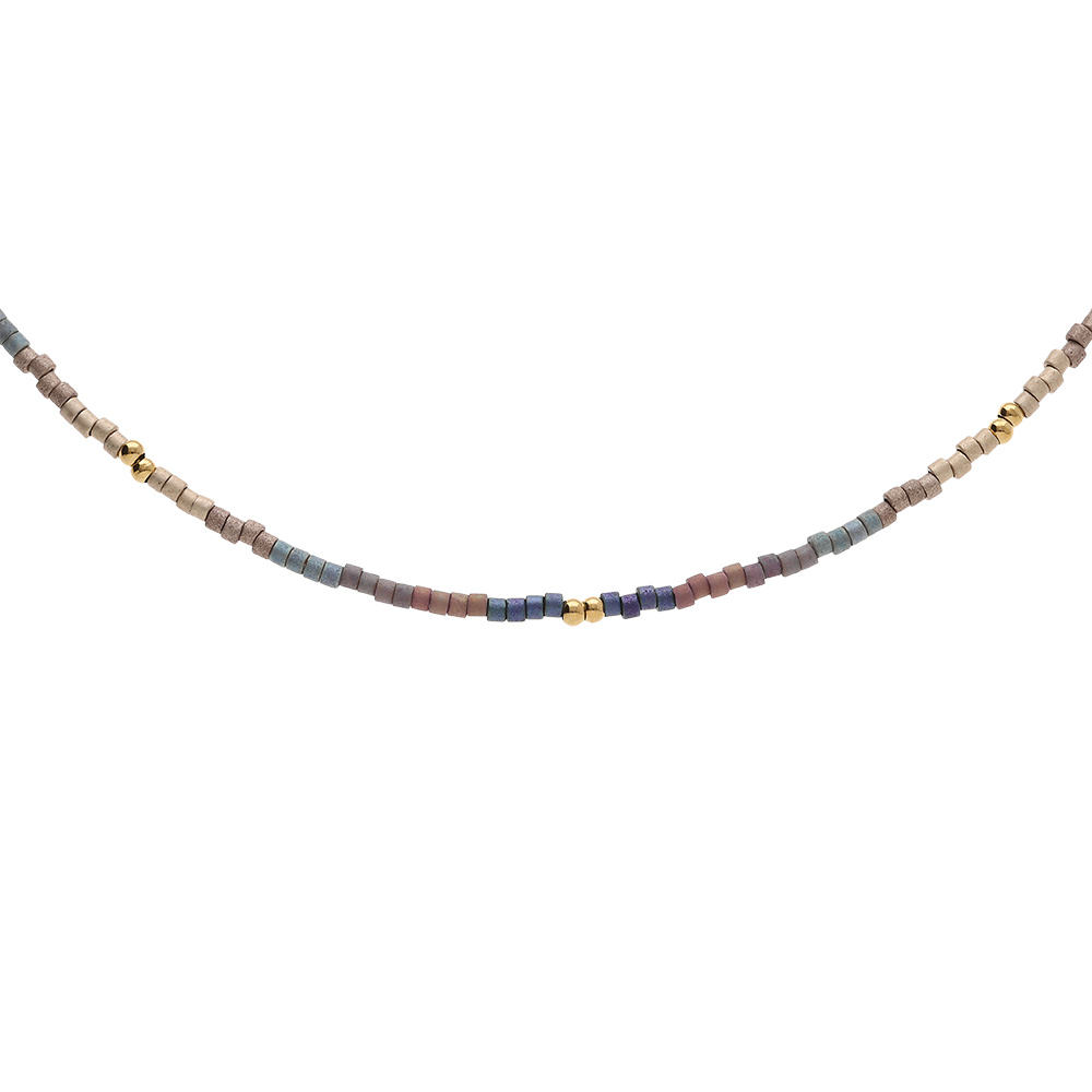 Collier en acier doré verre nacré ton bleu rose, 37+5cm