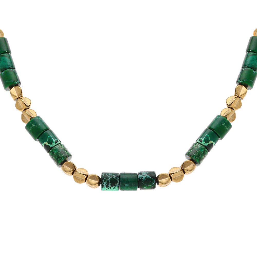 Collier en acier doré rondelles vertes,  40+5cm