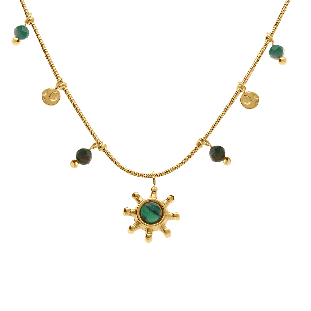 Collier en acier doré pampilles boules de couleur et pendentif soleil malachite véritable  - 39+5cm