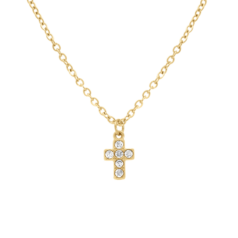 Collier en acier doré pendentif croix (0.8x0.5mm) avec oxydes blancs sertis  - 38+5cm