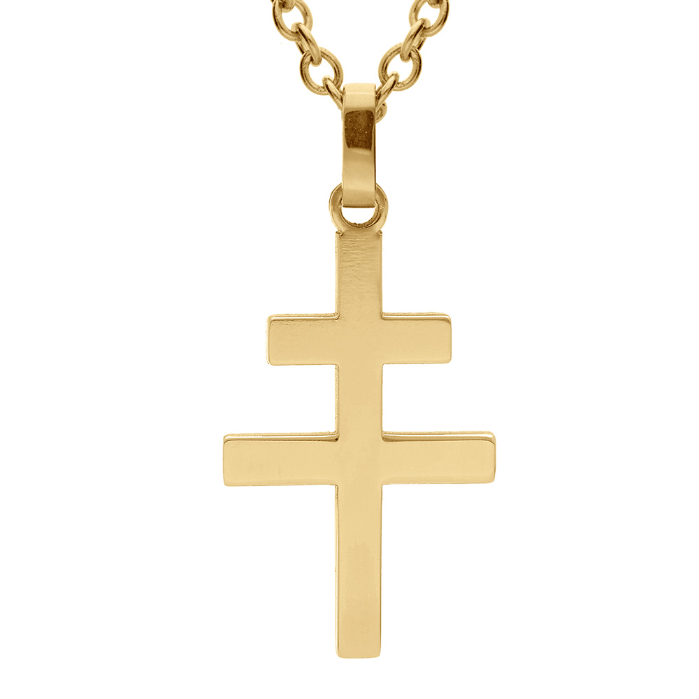 Collier en acier jaune pendentif croix de lorraine brillante 27mmx15.5mm  - 45+10cm
