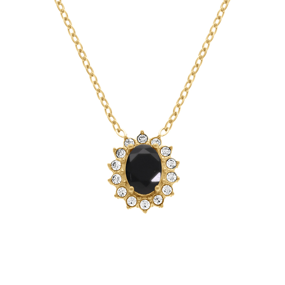 Collier en acier doré pendentif oxyde noir contour oxydes blancs  - 38+5cm