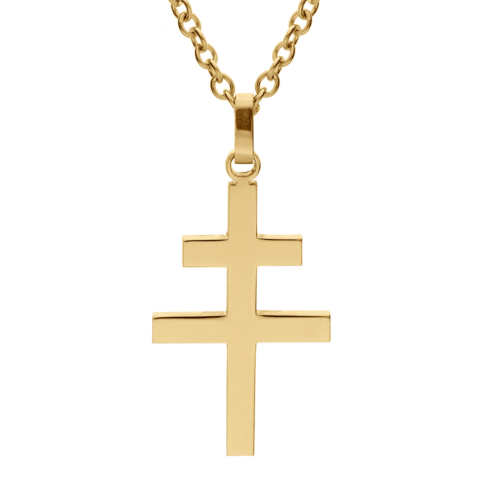 Collier en acier jaune satiné pendentif Croix de Lorraine 30mmx19mm  - 50+5cm