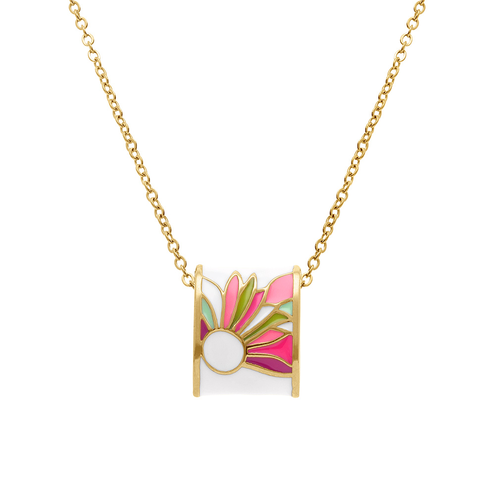 Collier Stella Mia en  acier doré jaune avec pendentif rectangulaire fond résine blanche fleur rose et violet  - 42+10cm