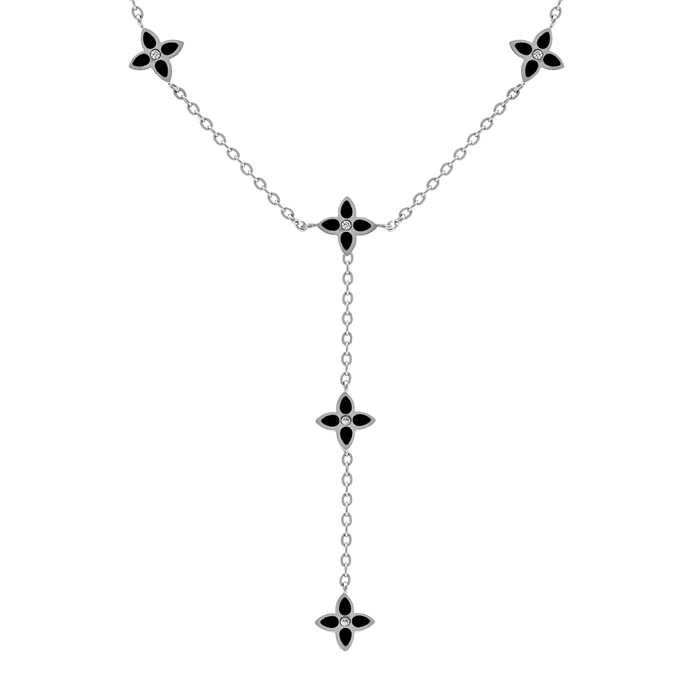 Collier en acietr fleurs cravate résine noire - 40+5cm