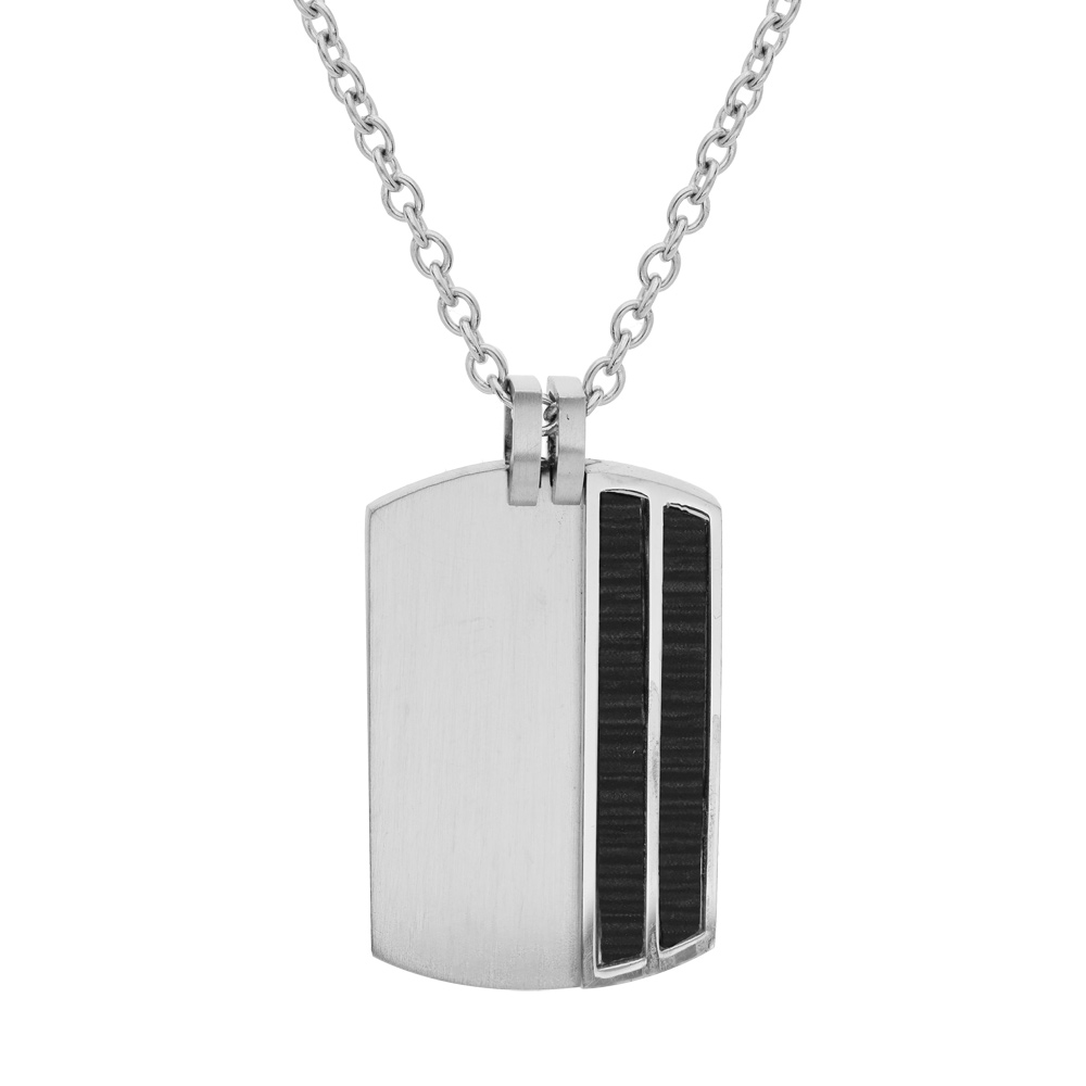 Collier en acier chaîne avec pendentif rectangulaire 2 bandes aspect carbone noir 50+5cm
