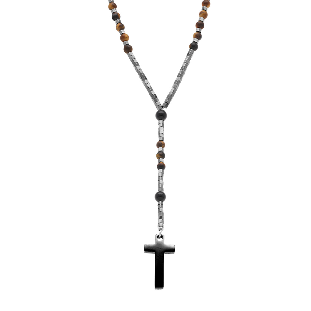 Collier en acier chapelet boules foncées, croix 27mm x 15mm PVD noir sans fermoir  - 70cm