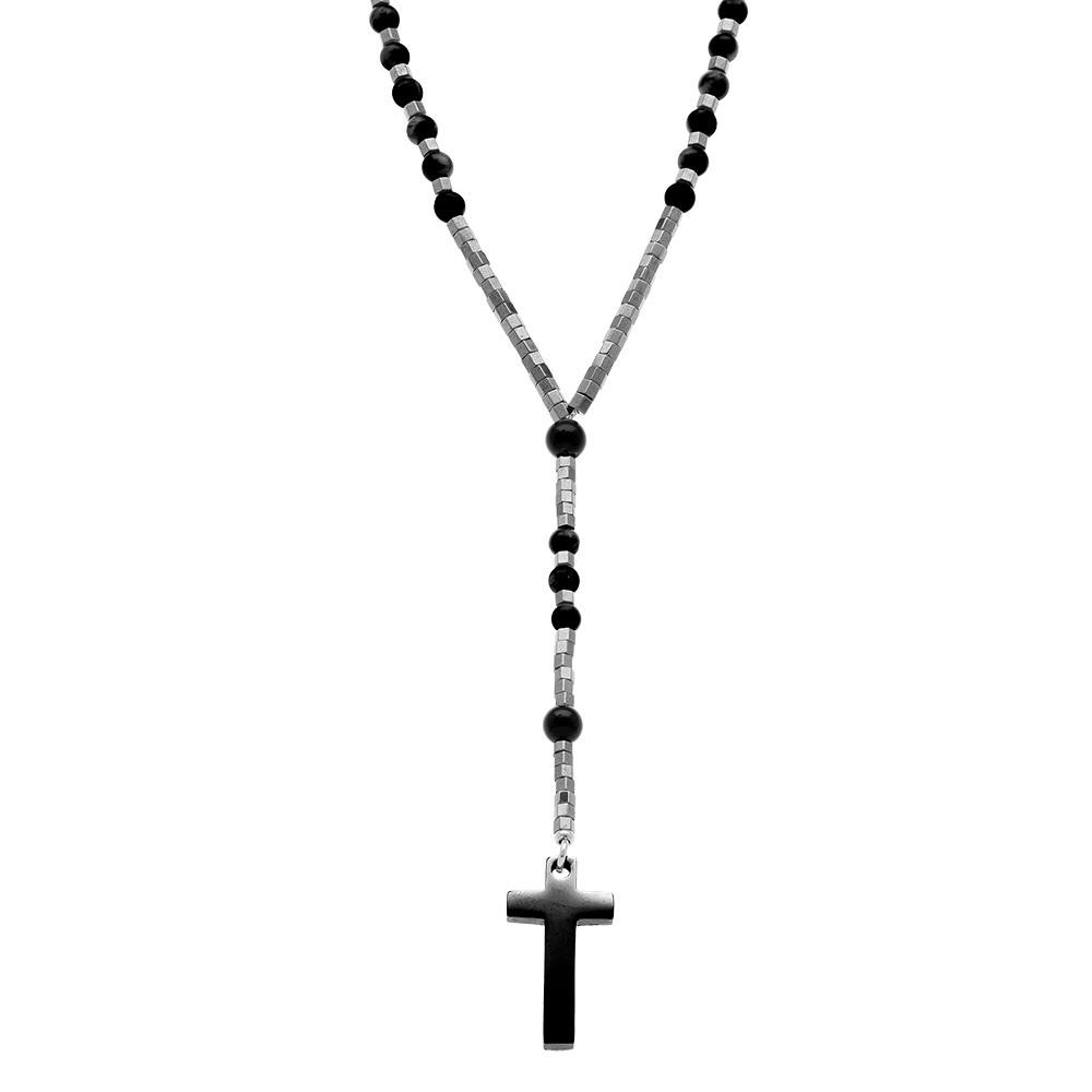 Collier en acier chapelet boules noires et croix 27mm x 15mm PVD noir sans fermoir  - 70cm
