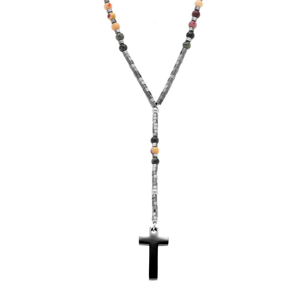 Collier en acier chapelet boules claires, croix 27mm x 15mm PVD noir sans fermoir - 70cm