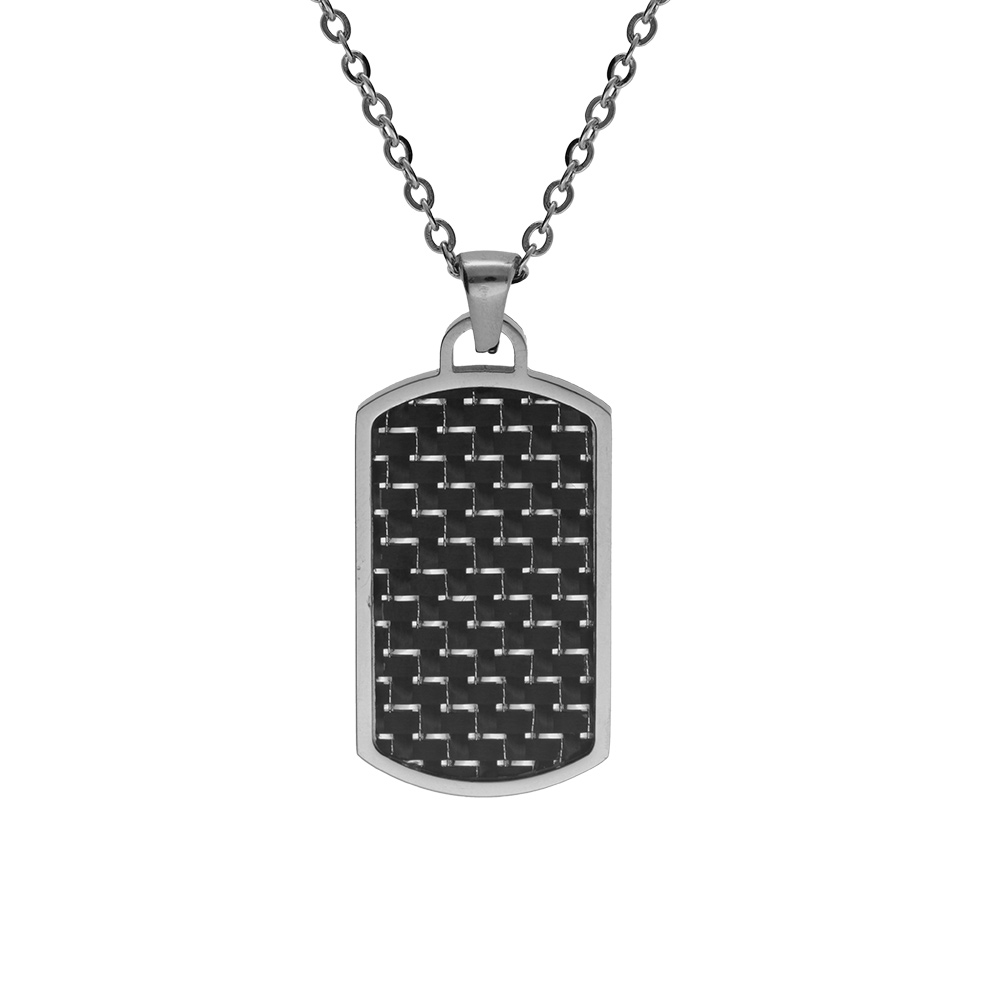 Collier en acier pendentif rectangulaire pans arrondi carbone 30x18mm 50+5cm