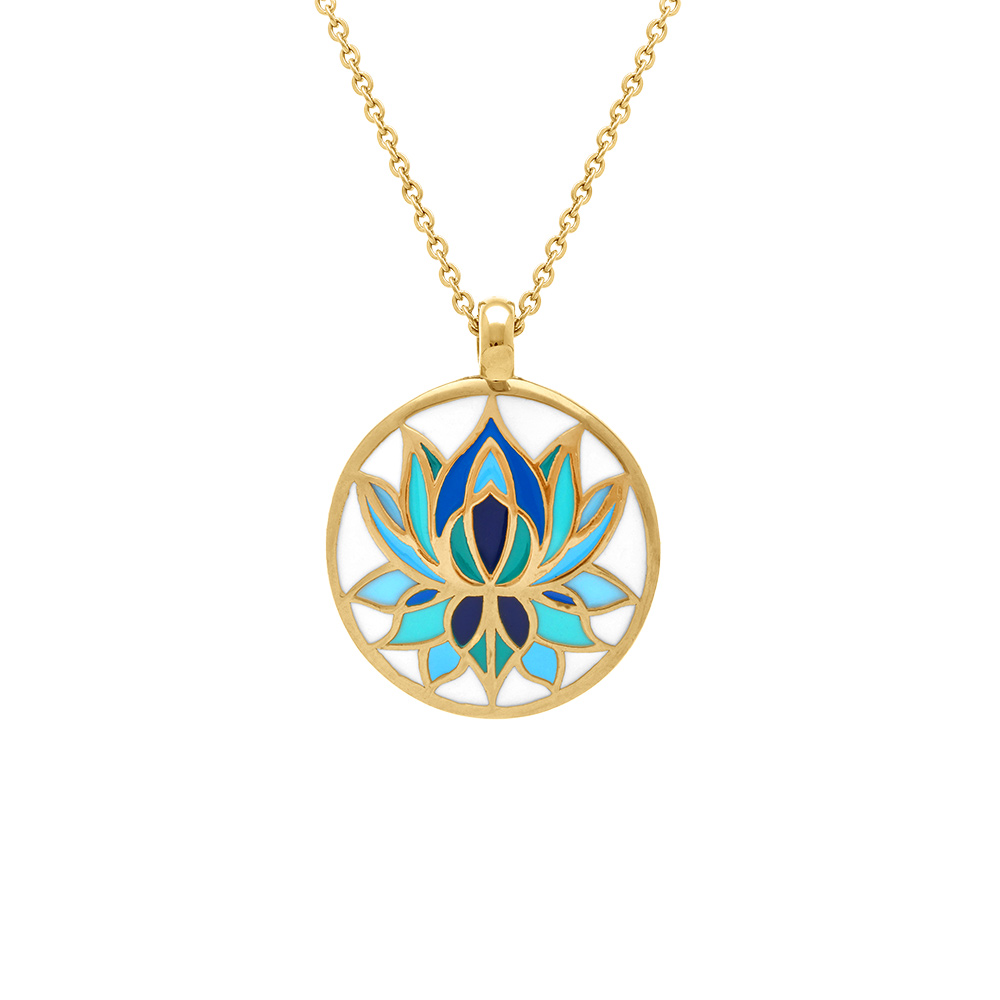 Collier Stella Mia en acier doré pendentif 16mm fleur de lotus résine bleue fond blanc  - 45+10cm