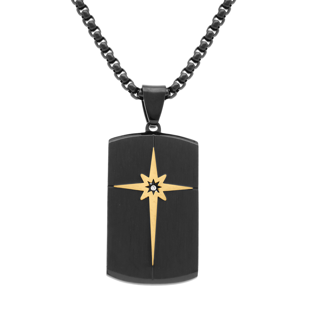 Collier en acier PVD noir pendentif rectangulaire 35x20mm avec etoile dorée et oxyde blanc au centre  - 50+10cm