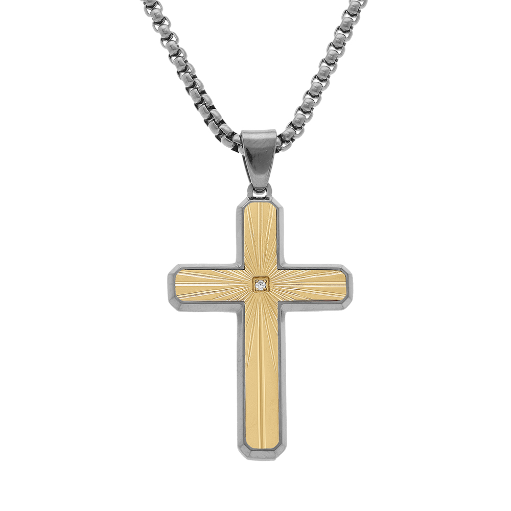 Collier en acier pendentif croix acier doré striée 38x26mm avec oxyde blanc - 50+10cm