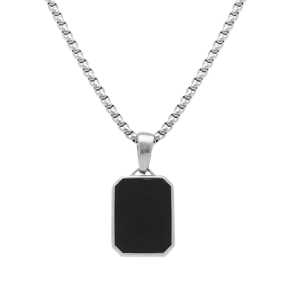 Collier en acier pendentif onyx noir imitation 22mmx15mm - 59cm réglable 54
