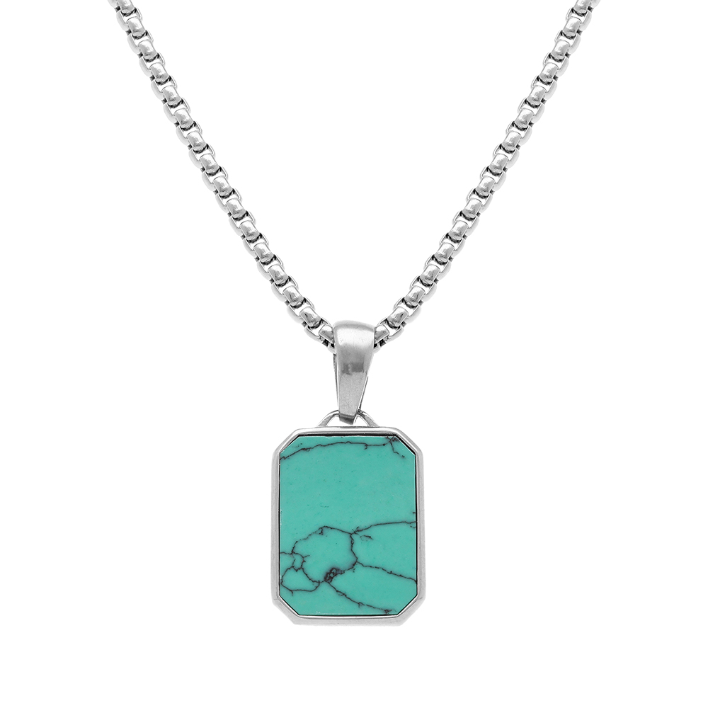 Collier en acier pendentif turquoise imitation 22mmx15mm - 59cm réglable 54