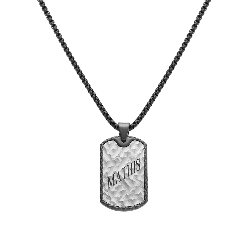 Collier acier et PVD noir avec pendentif rectangulaire 35X20mm motif, réglable 55 +5cm