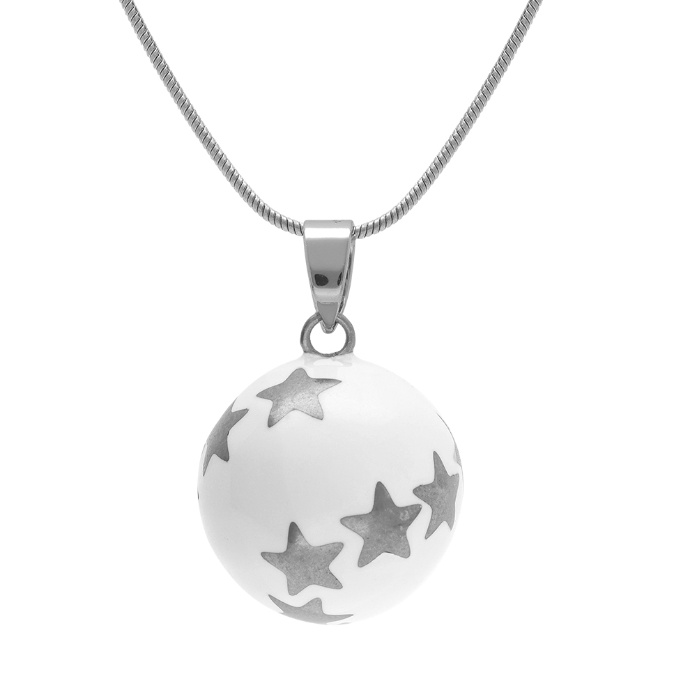 Collier en acier bola de grossesse rond 21mm résine blanche et etoile - 90+20cm
