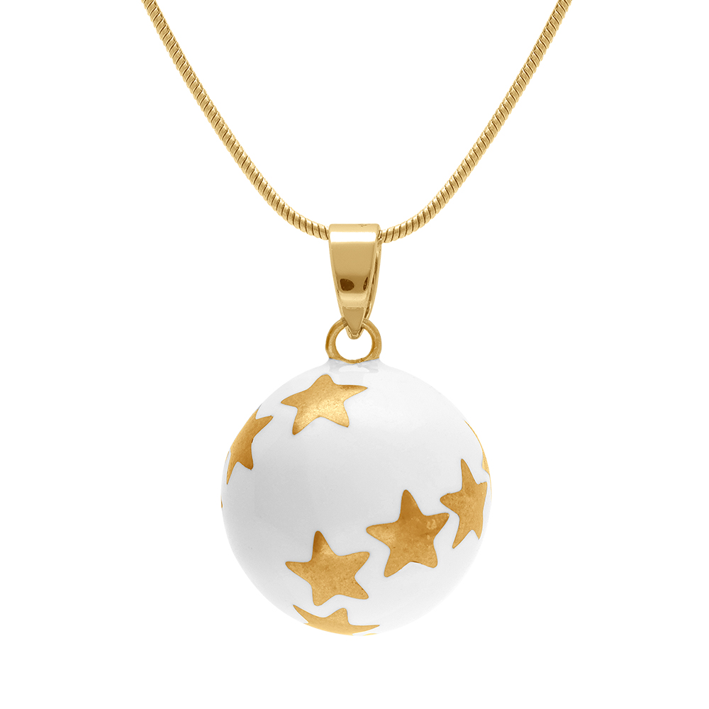Collier en acier doré bola de grossesse rond 21mm résine blanche et étoiles -  90+20cm