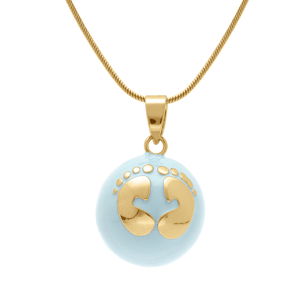 Collier en acier dore bola de grossesse rond 21mm résine bleu ciel et motif pied  - 90+20cm