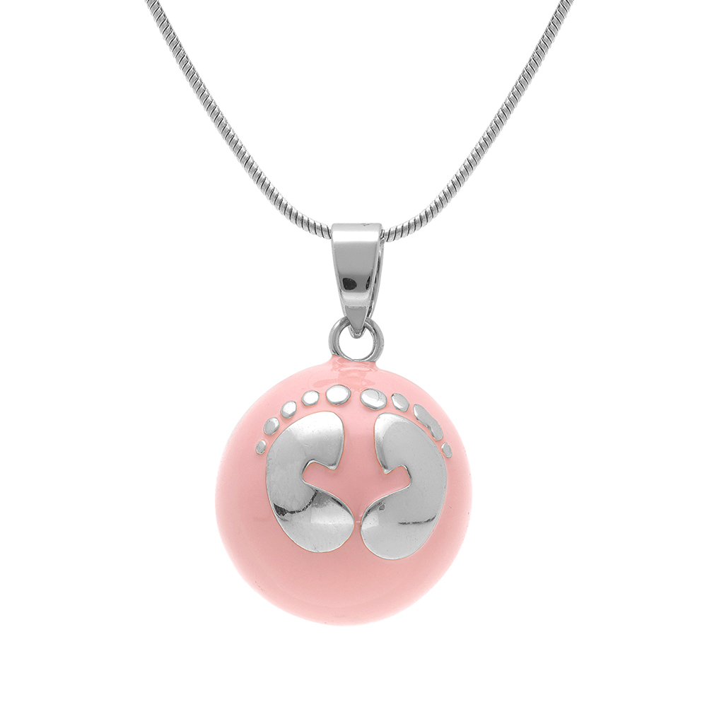 Collier en acier bola de grossesse rond 21mm résine rose et motif pied - 90+20cm
