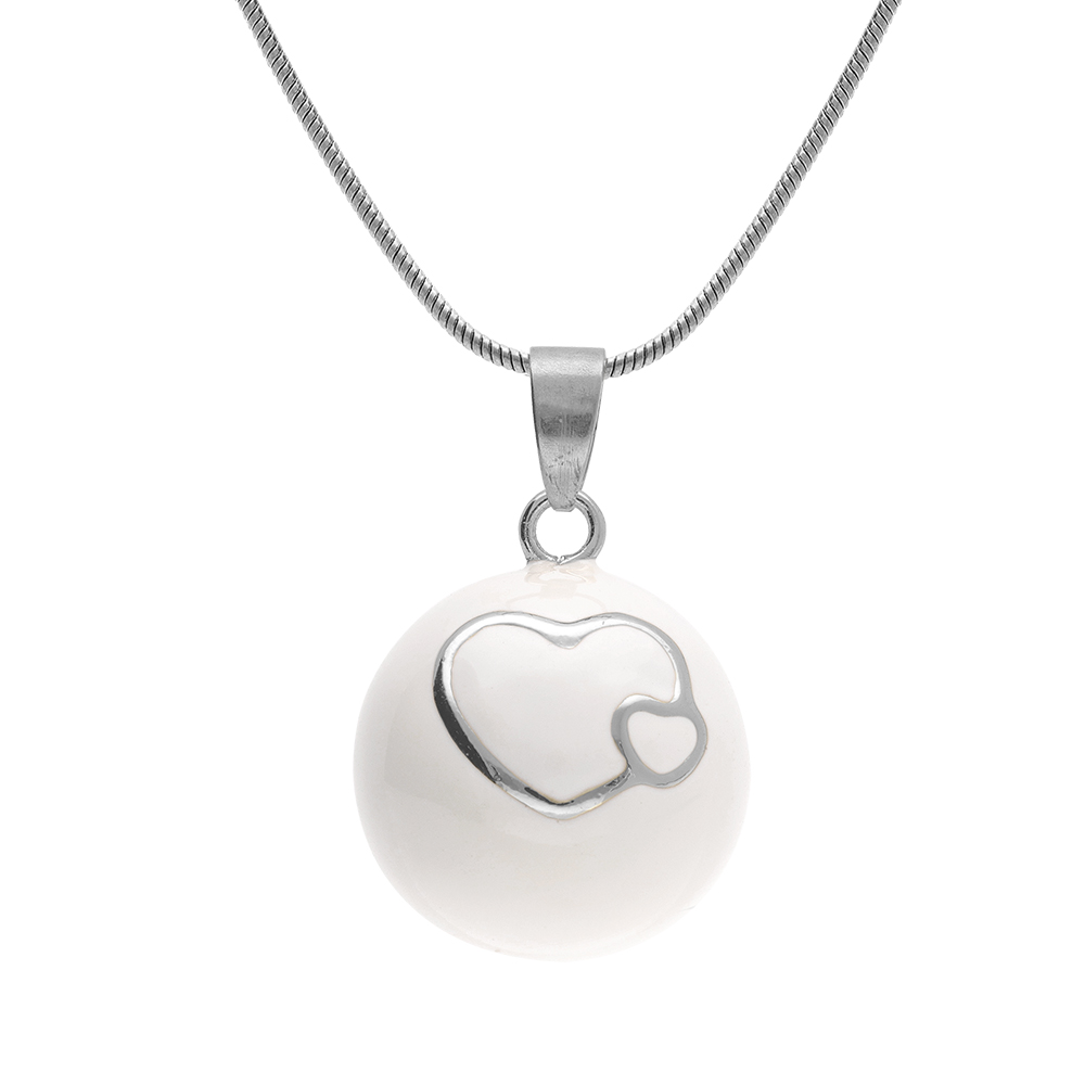 Collier en acier bola de grossesse rond 21mm résine blanche et coeurs  -90+20cm