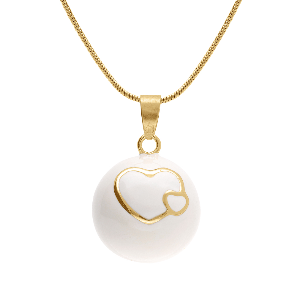 Collier en acier doré bola de grossesse rond 21mm résine blanche et coeurs  - 90+20cm