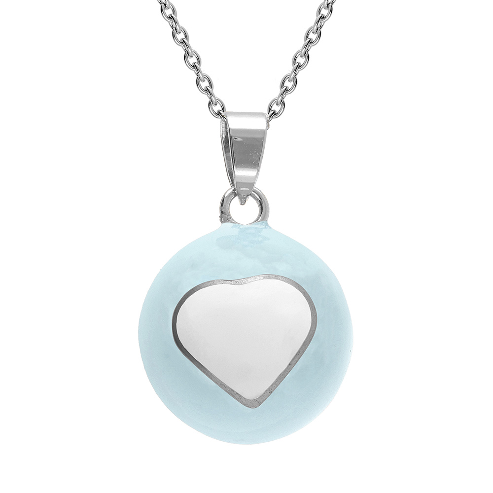 Collier en acier bola de grossesse rond 21mm résine bleu ciel et coeur blanc - 90+20cm