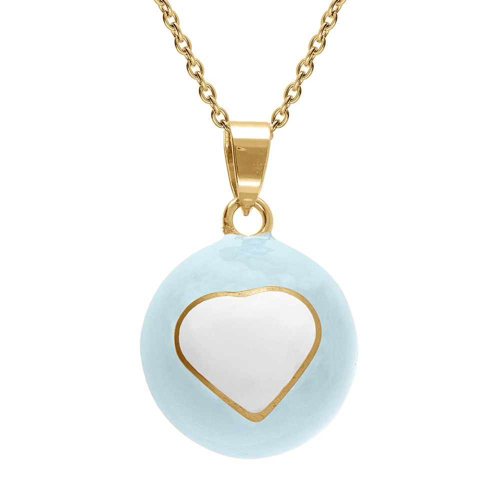 Collier en acier doré bola de grossesse rond résine 21mm bleu ciel et coeur blanc - 90+20cmen