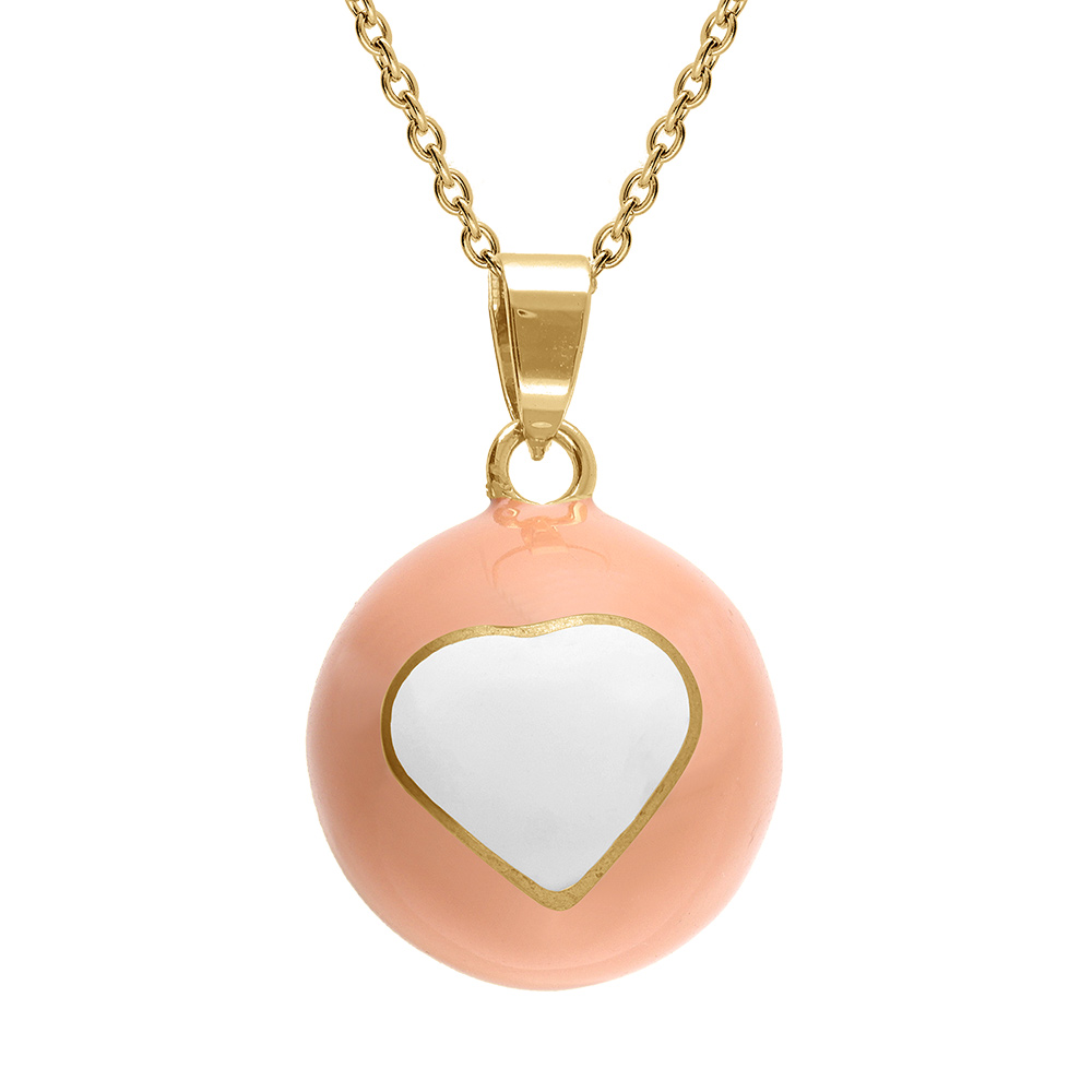 Collier en acier doré bola de grossesse rond 21mm résine rose et coeur blanc - 90+20cm