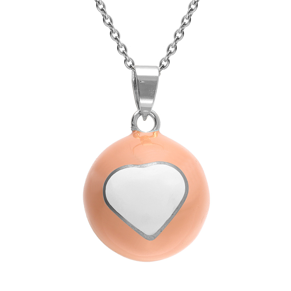 Collier en acier bola de grossesse rond 21mm résine rose et coeur blanc - 90+20cm