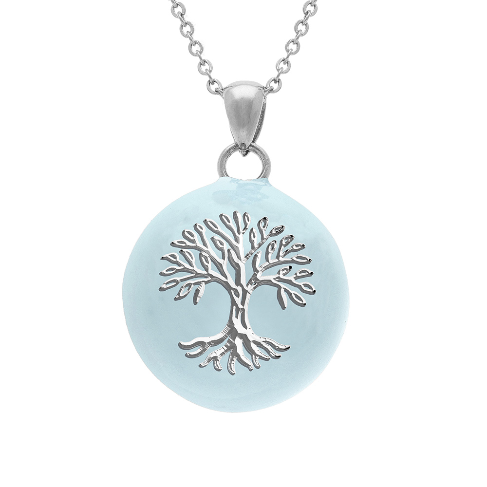Collier en acier bola de grossesse rond 21mm arbre de vie résine bleu ciel  - 90+20cm