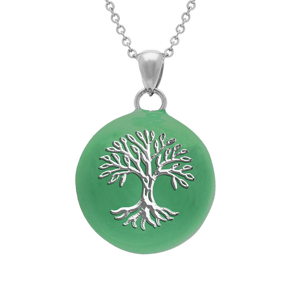 Collier en acier bola de grossesse rond 21mm arbre de vie résine verte  - 90+20cm