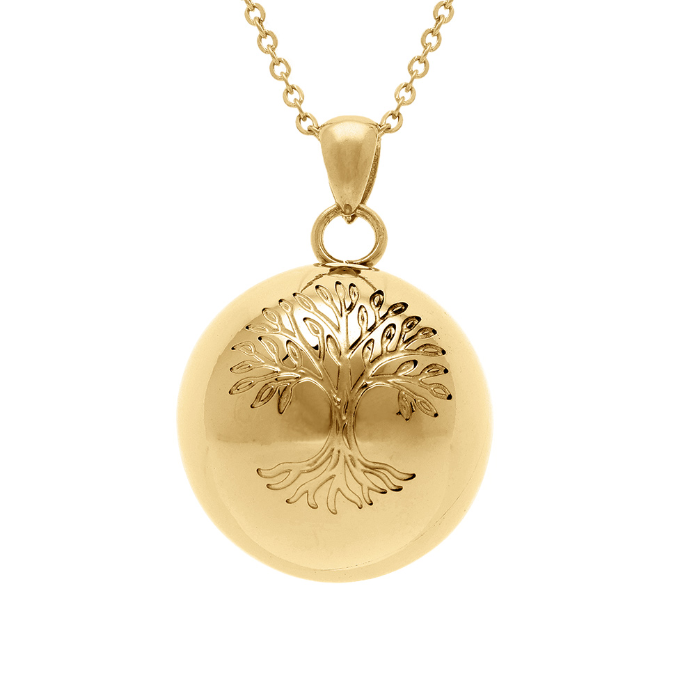 Collier en acier doré bola de grossesse rond 21mm arbre de vie  - 90+20cm