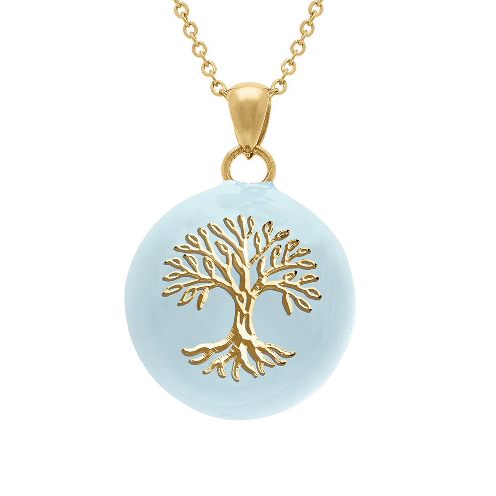 Collier en acier doré bola de grossesse rond 21mm arbre de vie résine bleu ciel  - 90+20cm