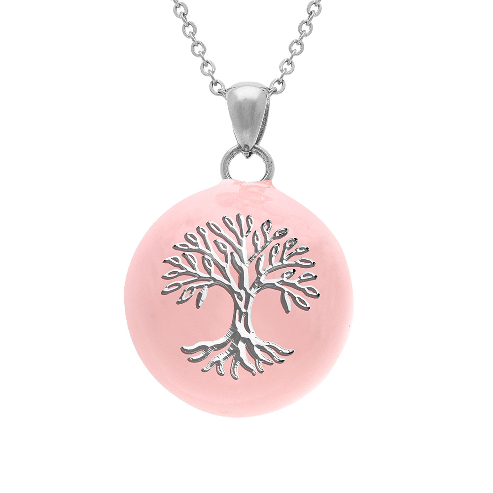 Collier en acier bola de grossesse rond 21mm arbre de vie résine rose - 90+20cm