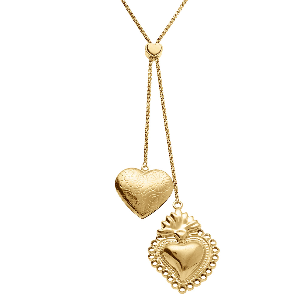 Collier en acier doré pendentif  deux coeurs bombés  - 65+5cm