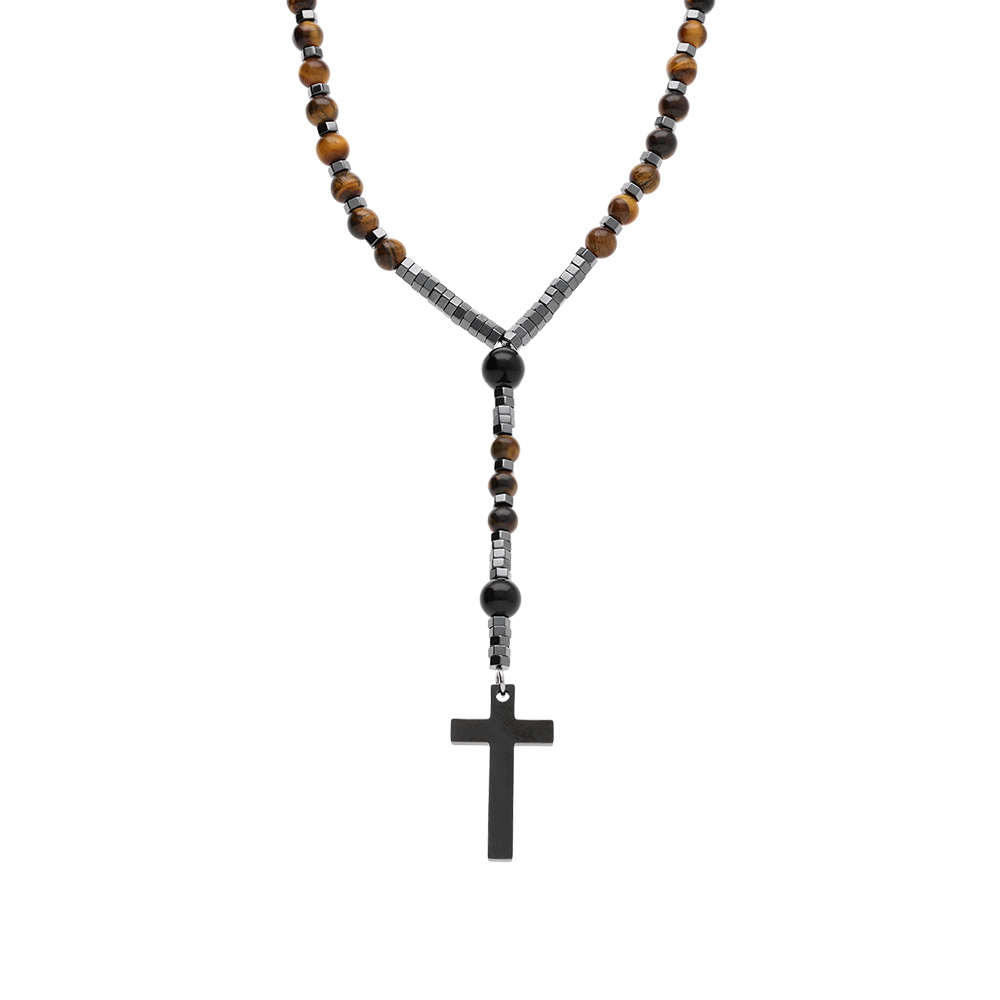 Collier en acier chapelet boules diamètre 6 et 8 et croix 35mm x 20mm PVD noir sans fermoir - 70cm
