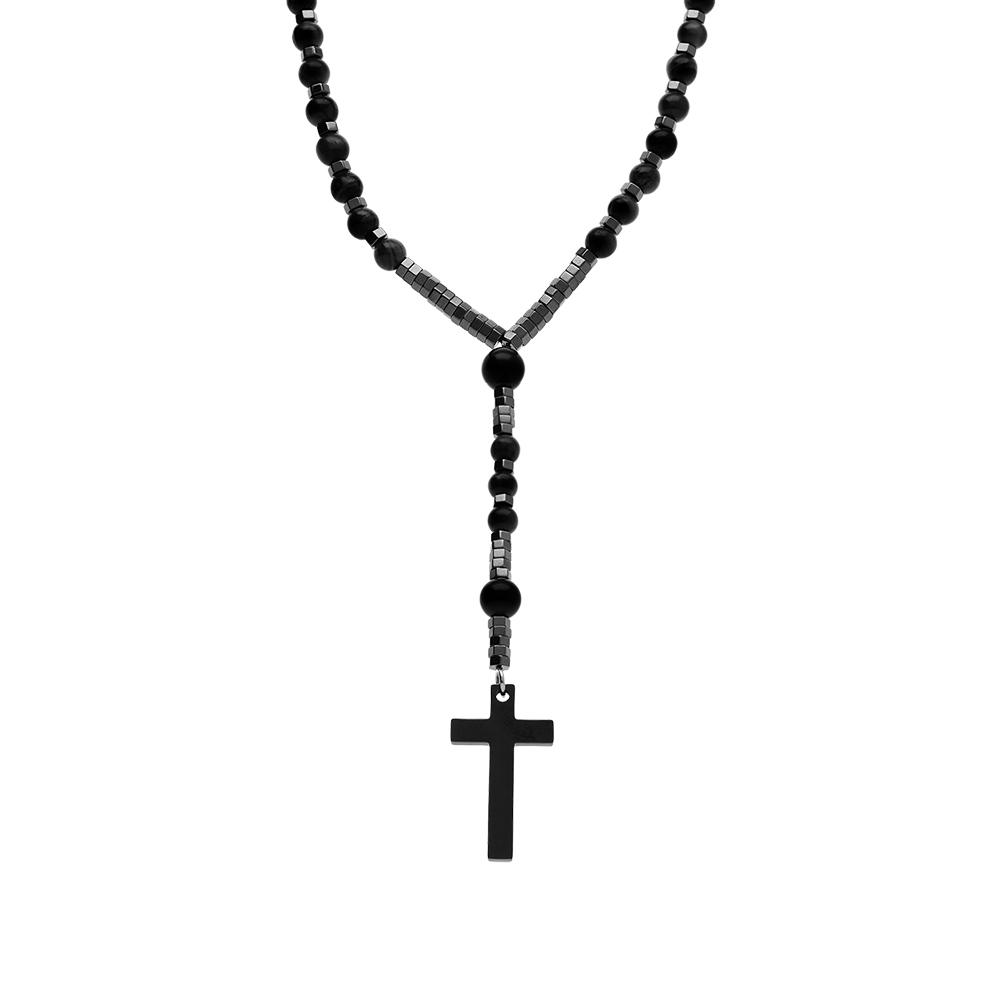 Collier en acier chapelet sombre boules diamètre 6 et 8 noires et croix 35mm x 20mm PVD noir sans fermoir - 70cm