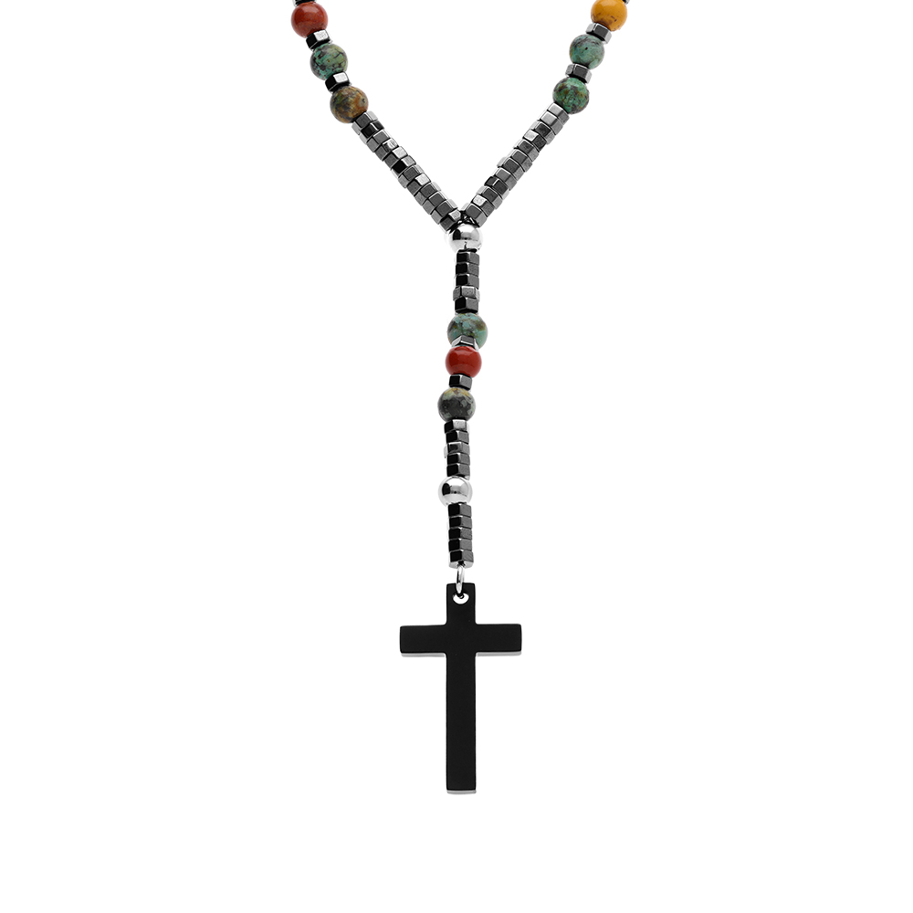 Collier en acier chapelet différentes boules diamètre 6 et 8 multi et croix 35mm x 20mm PVD noir sans fermoir - 70cm