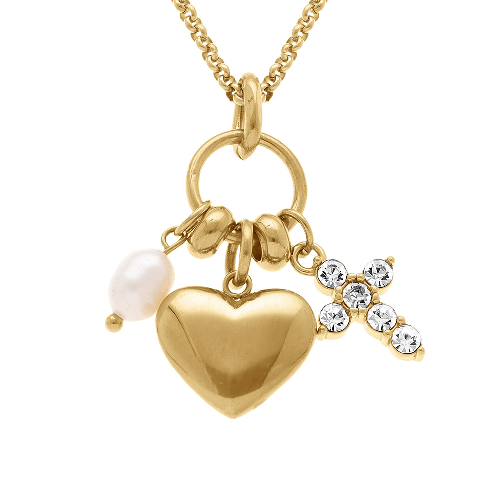 Collier acier doré pendentif coeur, croix parée d'oxydes blancs et goutte blanche  - 40+5cm