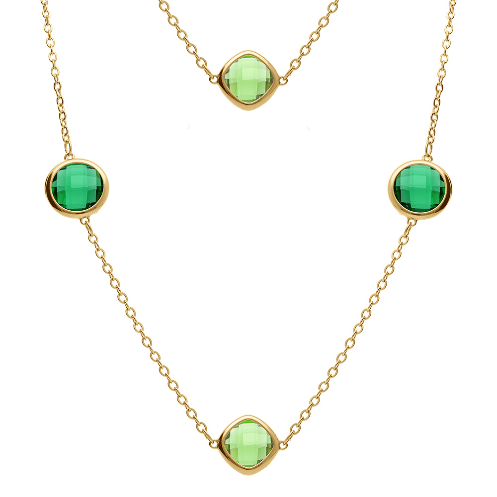 Collier en acier doré sautoir d'oxydes carrés vert foncé et vert clair