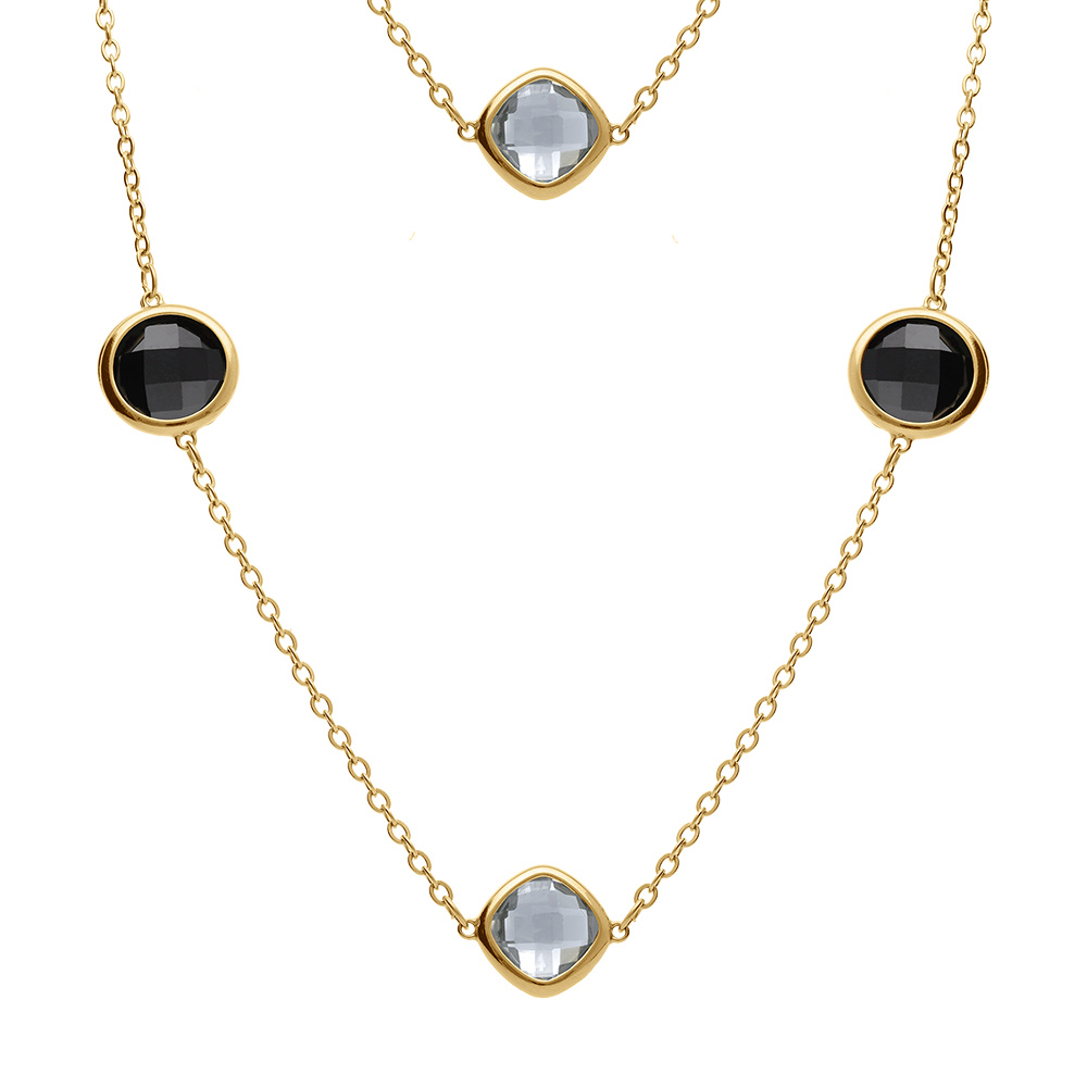 Collier en acier doré sautoir d'oxydes carrés noirs et gris