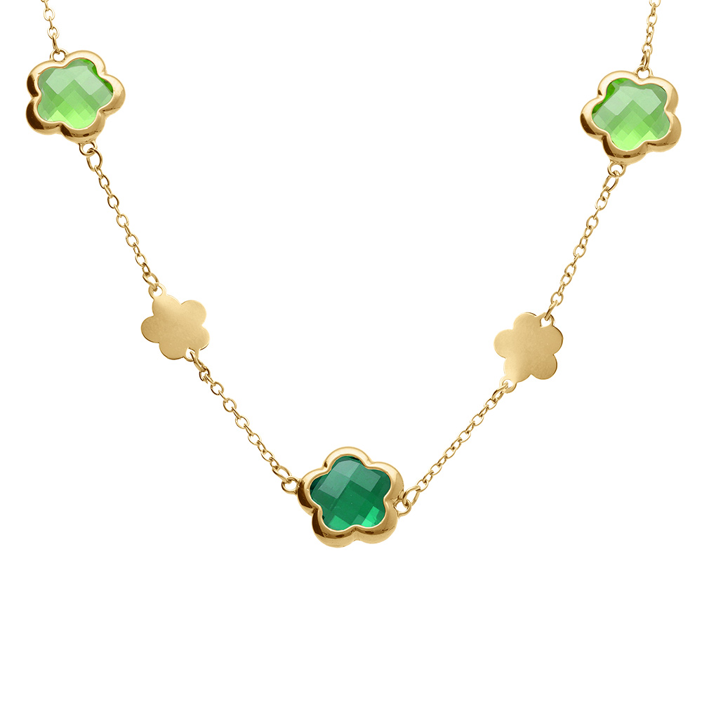 Collier en acier doré pastilles fleur et oxydes forme fleur vert clair  - 40+5cm