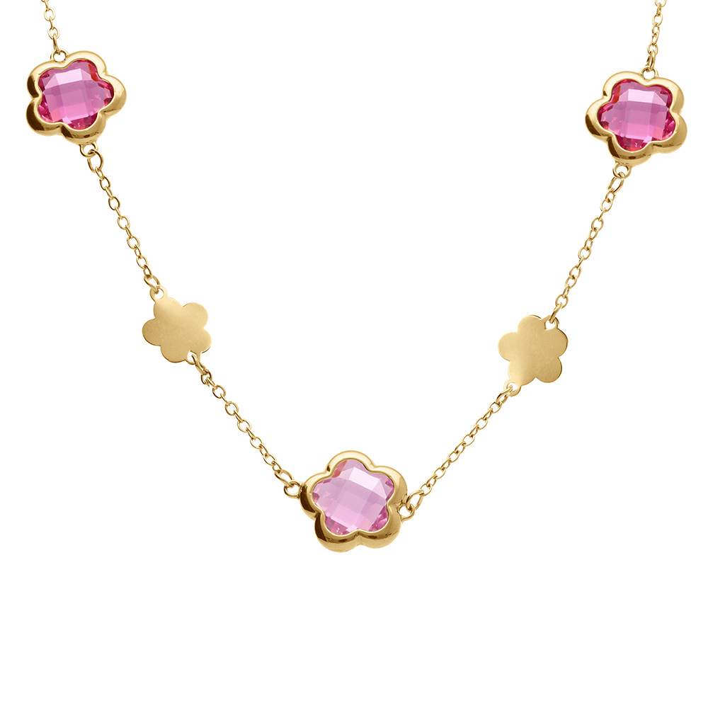 Collier en acier doré pastilles fleur et oxydes forme fleur rose clair - 40+5cm