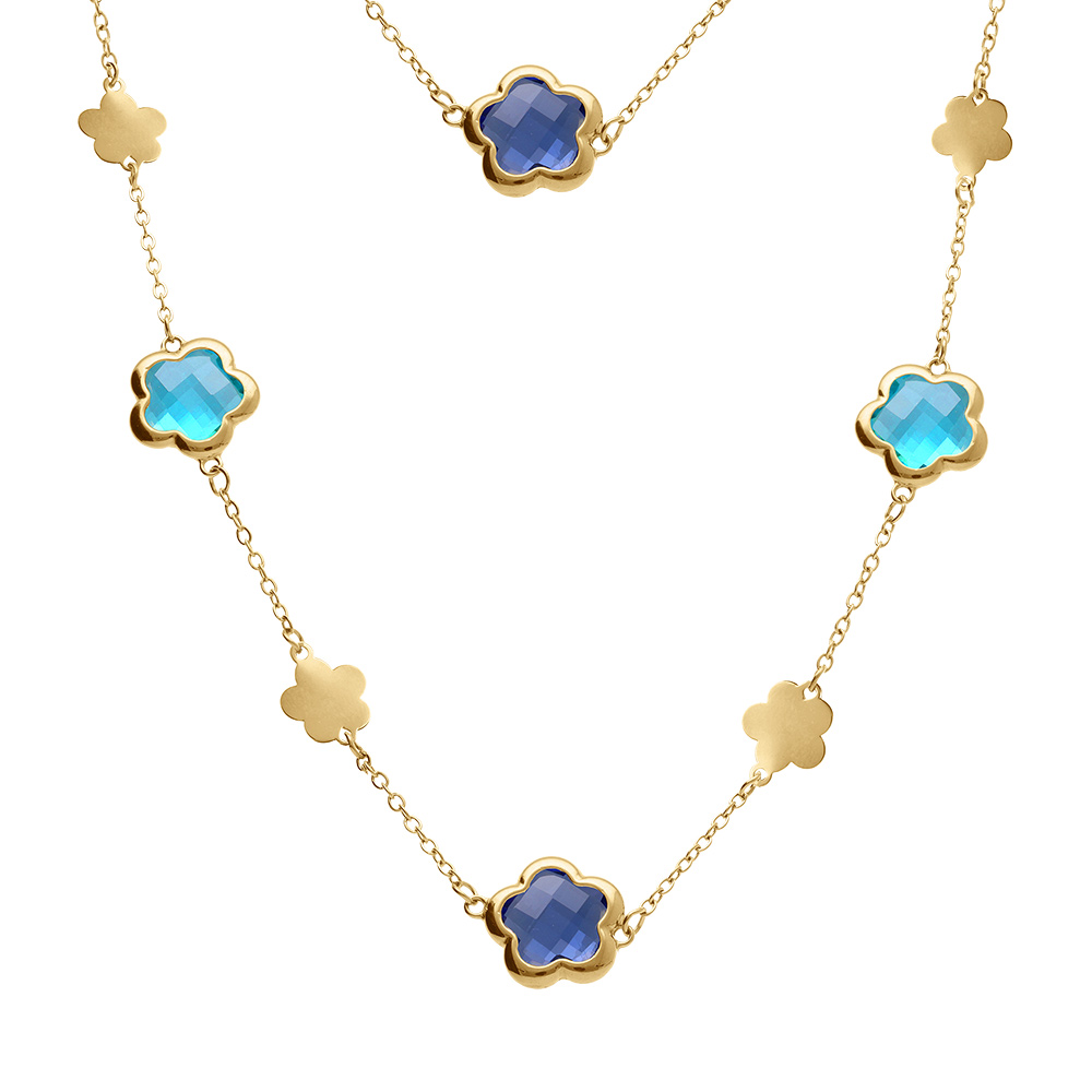 Collier en acier doré sautoir pastilles fleur et oxydes forme fleur bleu clair
